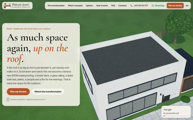 plakanie-jumti.lv homepage showing a roof terrace